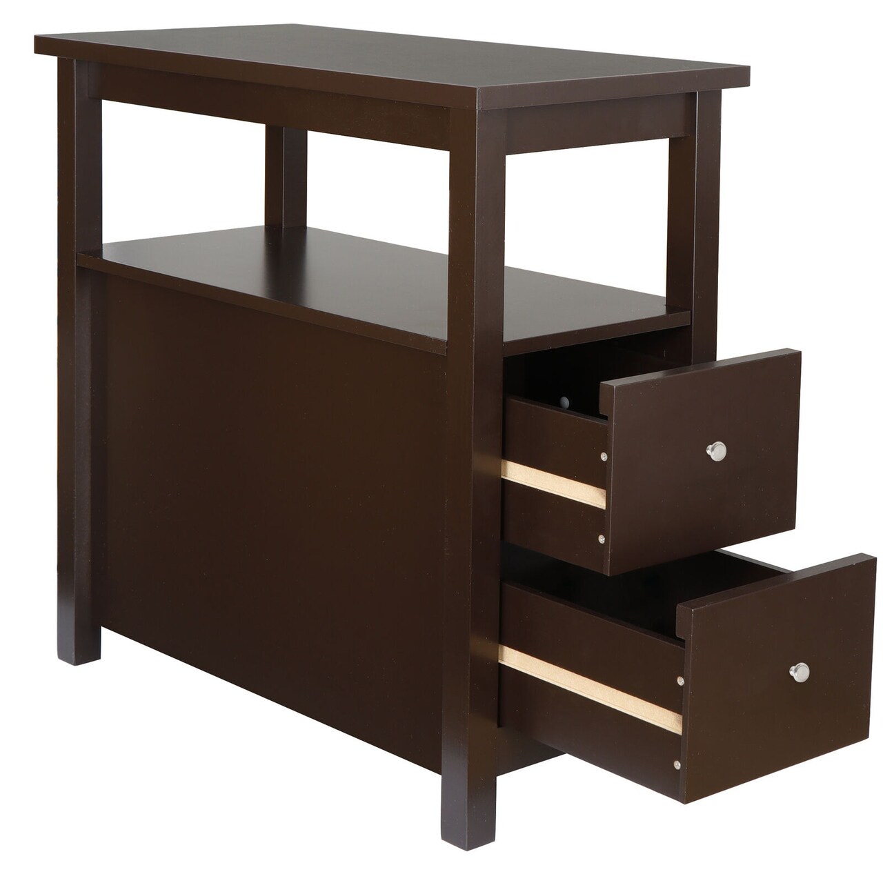 Brown End Table with 2 Drawer and Shelf Narrow for Living Room